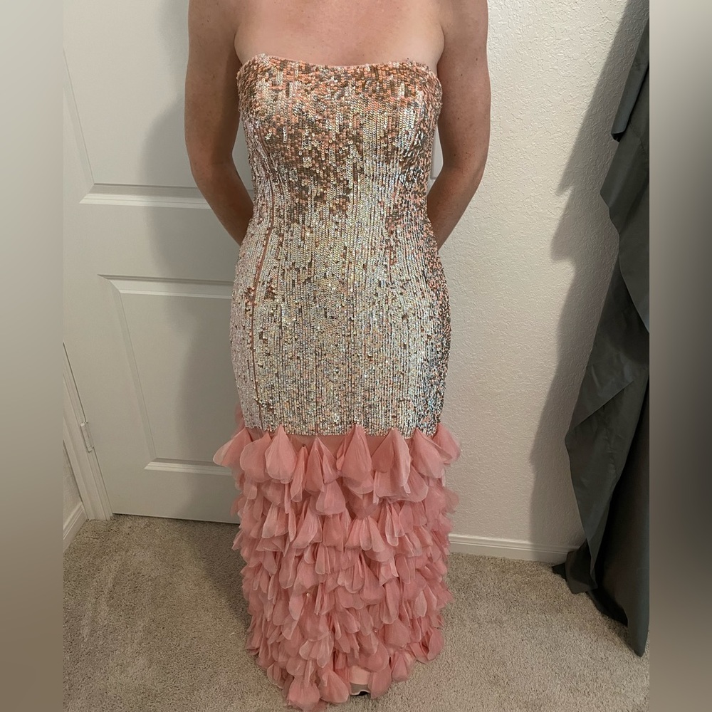 Vintage Sherri Hill Pink Sequin Silk Gown - Prom Homecoming Feather Train 4 Y2K - Picture 2 of 12